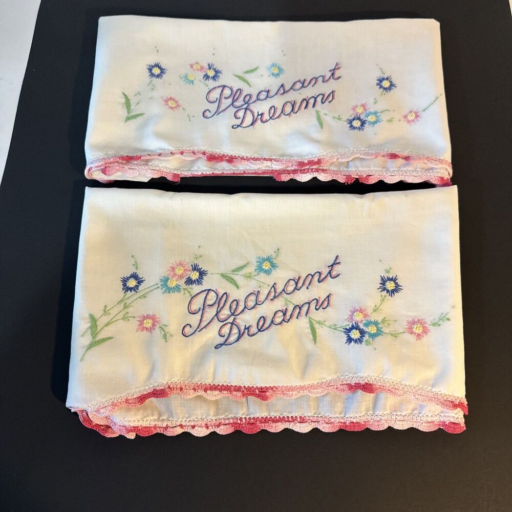 Pleasant Dreams Scalloped Edge Handstitched Pillowcases Standard Sz Vintage READ